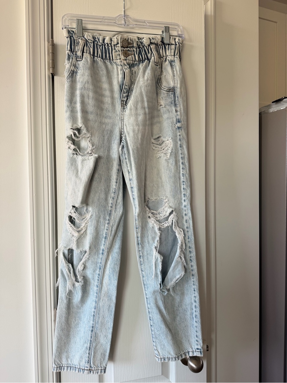 SO Light Blue Distressed Paperbag Waist Boyfriend Jeans